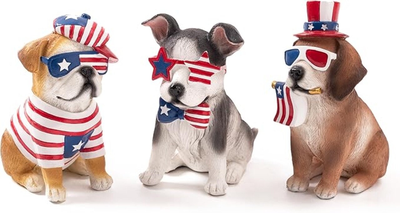 4th of July Puppy Decorations, Patriotic Dog Figurines Set (3 Pack), Memorial Day & Independence Day USA 250th Anniversary Stars and Stripes Dog Statue Tabletop Decor, Labor Day Rustic Americana Home Holiday Decorations